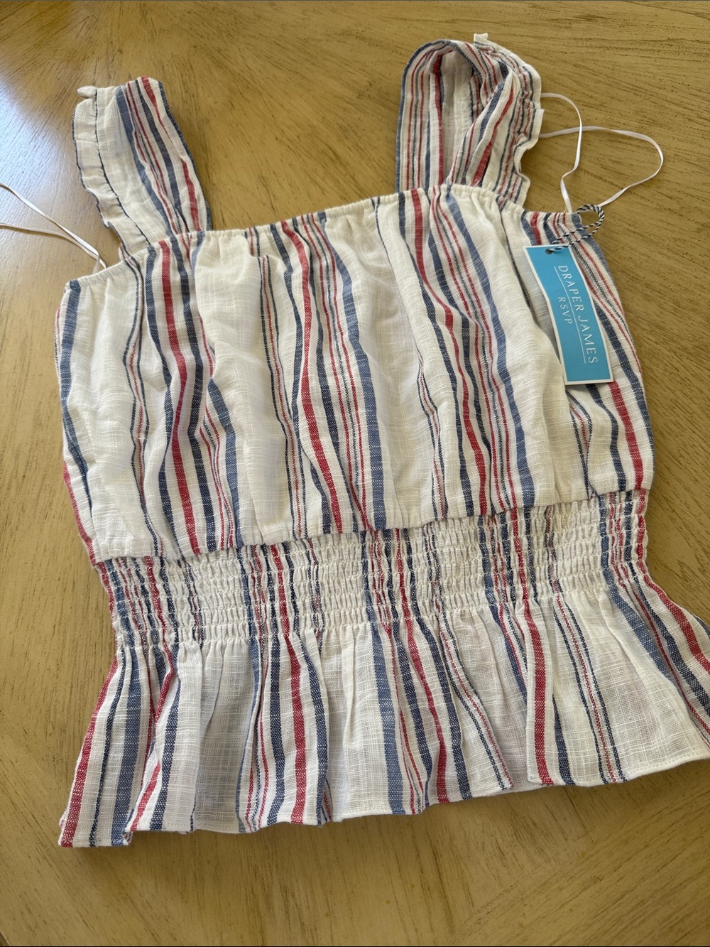 Draper James White Striped Smocked Tank Top with Red and Blue Stripes